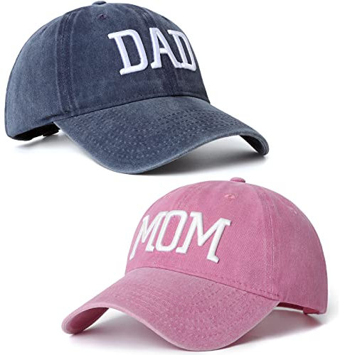 Baseballmützen für Mutter und Vater, bestickt, verstellbar, Geschenk für Eltern, Paare, klassisches Geschenk für Mutter, Vater, 2 Stück, Marineblauer Papa-Hut und rosa Mama-Hut, 6 5/8/ 7 5/8