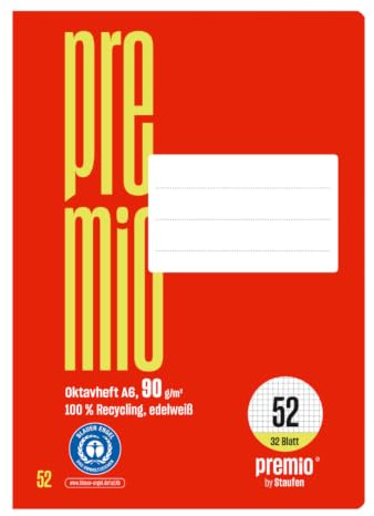 Staufen Premio Oktavheft - 2 Hefte je 32 Blatt, DIN A6, Lineatur 52 (5 mm kariert), 90 g/m² Recyclingpapier, runde Ecken verhindern „Eselsohren“