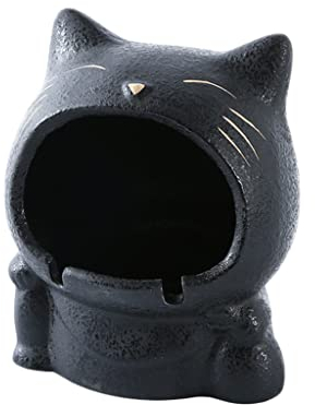 SUREK Elegant Kreative Katze Keramik großer Aschenbecher Anti-Flugasche süßer Zigarrenaschenbecher für drinnen und draußen 11 x 13 cm/ 4,3 x 5,1 in schwarz Einfach zu verwenden