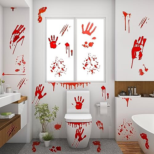 Decoraciones de Halloween – 4 hojas de 32 piezas de calcomanías de ventana de huellas de manos sangrientas, calcomanías de ventana aterradoras, decoración de fiesta interior/exterior, calcomanía de
