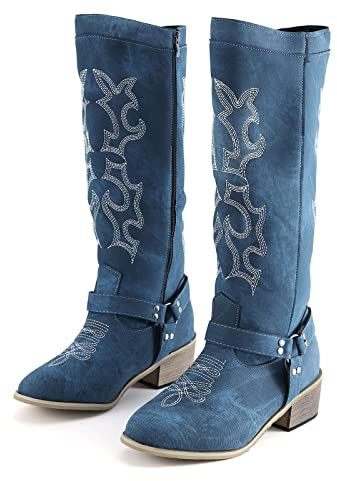 Kobilee Stivali Donna Anfibi Vintage Stivali Cowboy Western Biker Stivaletti con Tacco Alto Scarponi Camoscio Traforati Stivali Texani Stivali Equitazione Pelle Invernali