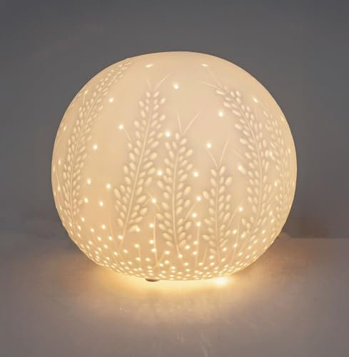 formano Tischlampe Kugel Blätterzweige Porzellan weiß Durchbruch 21x18cm Leuchte E14 25W Nachttischlampe Kugellampe Wohnzimmer Schlafzimmer Tischdeko Nachtlicht Ambientebeleuchtung Stimmungslicht