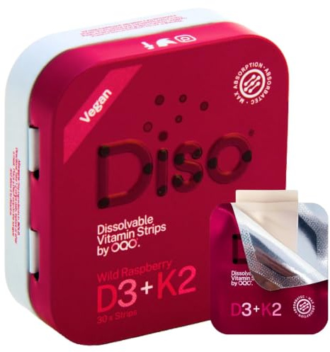 Diso Vitamin D3 K2 Dissolvable Strips | High Strength | Vegan | Raspberry | Vitamin D3 & K2 Dissolvable Strips | Vegan Alternative to Tablets | Vitamin D for normal bones & immunity | Raspberry
