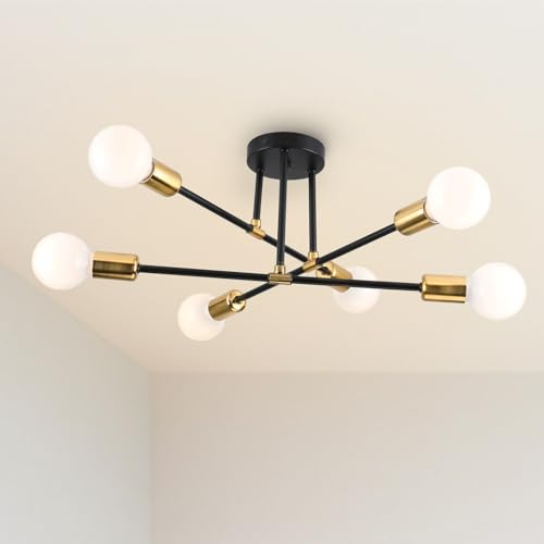 WOTTES Kronleuchter Industrielle Deckenleuchte, Moderne Deckenleuchte, Metallische Deckenleuchte E27 Für Schlafzimmer, Küche, Wohnzimmer, Flur.(Schwarz + Gold)