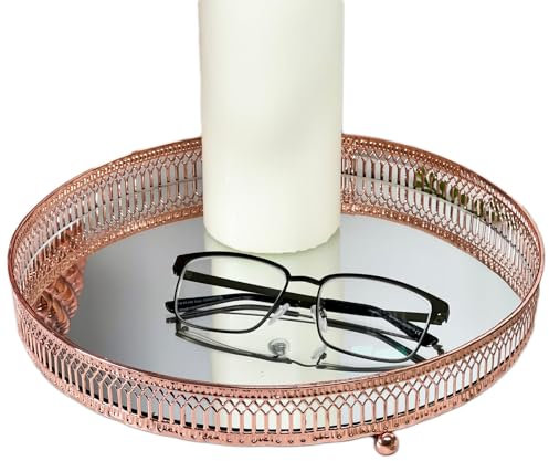Copper Mirror Tray 28cm Ornate Metal Modern Round Display Perfume Candle Plate