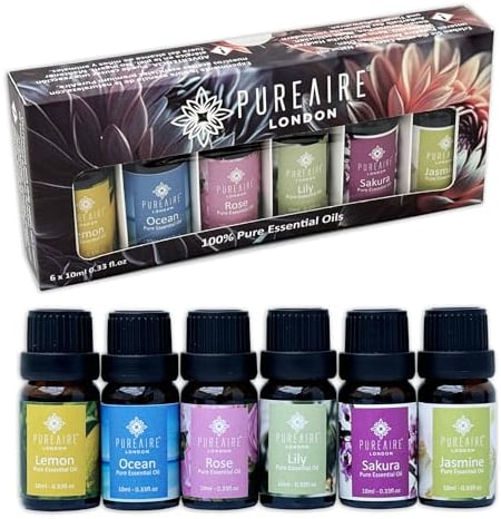 PureAire Essential Oils Gift Set 6-Pack 6x10ml Aromatherapy Oils Diffuser Fragrance 100% Pure Essential for Diffusers for Home Sakura, Jasmine, Ocean, Lily, Rose & Lemon Floral Scents