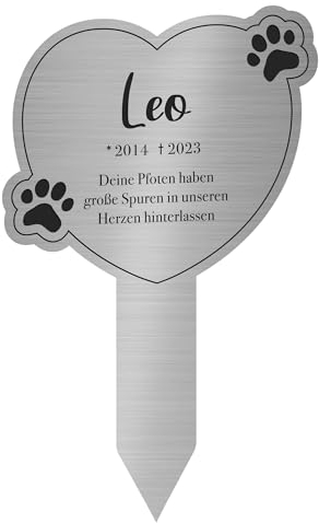 Gedenktafel für Katzen, Silberner Grabschmuck, Tiergrab Grabstecker, Erinnerungstafel mit Name und Lebensdauer, Grabkreuz mit Gravur, Andenken an verstorbene Katze, Grabgesteck in Herzform