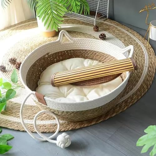 Rukuapid Rattan Katzenhütte Katzenhöhle Katzenbett, Rund Haustierbett,Handgefertigter Rattankorb und 100% Baumwollekissen,40x40x10 cm Katzenkorb,Braun&Weiss