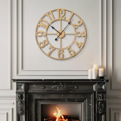 HAITANG Modern Large Wall Clocks for Living Room, 47cm / 18.5 Round Gold Metal Silent Non Ticking Battery Operated Arabic Numerals Clock for Farmhouse, Bedroom,Kitchen,Office,Classroom Home Decor