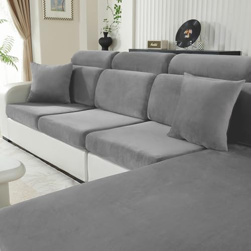 CYCMACO Samt Sitzkissenbezug, Stretch Sofa Sitzkissenbezug rutschfest, Universal Sofa Überzug Wohnzimmer, Elastischer Kissenbezüge, Waschbare(3-Sitzer, Hellgrau)
