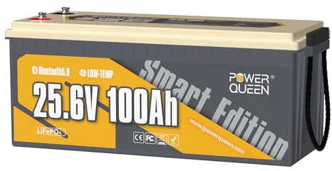 Power Queen 24V 100Ah Bluetooth LiFePO4 Batterie, 15000 Max. Zyklen, 10 Jahre Lebensdauer Lithium-Batterie mit Schutz vor niedrigen Temperaturen, perfekt für Trolling-Motor, Marine, Home Storage