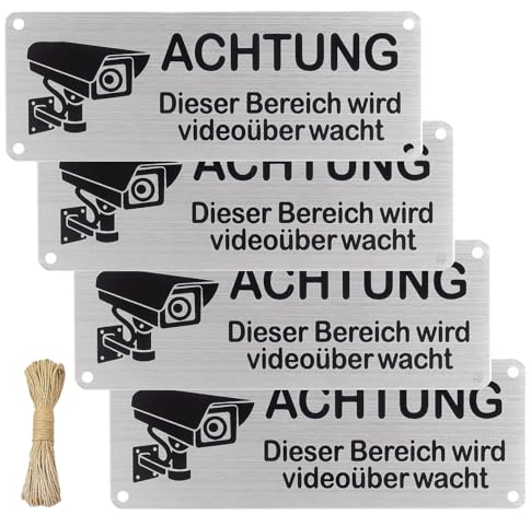 4 Mini Hinweisschild Video, 8.5x3CM Videoüberwachung für Privatgrundstück, CCTV Schilder für Zuhause, Aufkleber Videoüberwachung Mit 4 Vorgebohrten Löchern und 10M Schnur