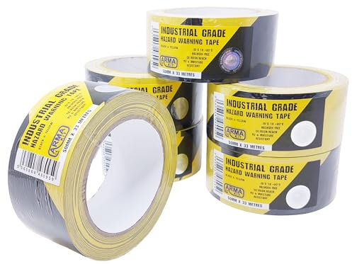 ArmaKit Hazard Tape | 50mm wide (2) x 33m Length (Yellow/Black) 6 Pack - High Visibility Black and Yellow Diagonal Striped. Indoor/Outdoor All-Weather; Carpet, Tile, Wood, Stone, Concrete, Metal
