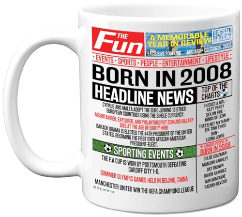 Stuff4 17th Birthday Mug Gift for Men Women - Born in 2008 Newspaper - Happy 17 Birthday Gifts for Son Daughter Cousin Vintage Retro Back in 2008 Age Seventeen Bday, 11oz Ceramic Coffee Mugs