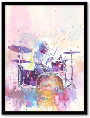 Artery8 Rainbow Modern Watercolour Portrait Drummer Drums Living Room Art Print Framed Poster Wall Decor 12x16 inch