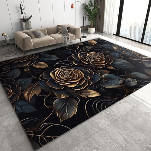 JUFUMUP Schwarz Gold Rose Teppiche Gegend, Luxus Rose Pflanze Blume Maschinengewebt Flachgewebter Teppich - für Wohnzimmer, Kinderzimmer und die Küche 150 x 180 cm