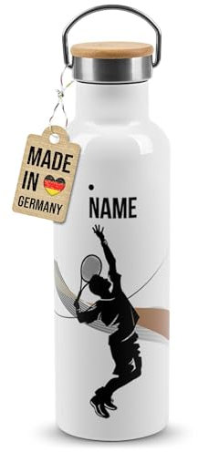 PR Print Royal Edelstahl-Trinkflasche für Sportler mit Name selbst gestalten - Tennis - Geschenk Sportler, Personalisierte Geschenke für Männer | Thermosflasche Weiß, 750 ml