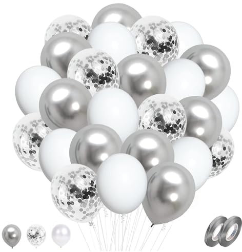 Silber Weiß Luftballons Helium Ballons Hochzeit,60 Stück 30cm Silber Konfetti Metallic Weisse Latex Luftballon Set als Jungen Geburtstag Baby Shower Taufe Party Dekoration - Pricl