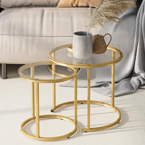 HEYZOEY Round Nesting Coffee Tables, Removable Set of 2 End Table, Glass Top Nesting Tables with Gold Metal Frame for Living Room, Bedroom, Office, Balcony, Apartment, Lustrous Gold