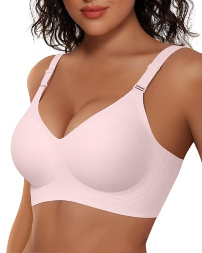 Vertvie Wireless Push Up Bras for Women Non Wired Seamless Full Coverage Bra Soft Support Comfort Everyday Bra Regular and Plus Size (Pink,L)