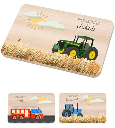 Bärenfreunde - Individuelles Holzbrett mit hochwertigem Spezial-Druck für Kinder - Personalisiertes Frühstücksbrettchen - Niedliche Motiv-Brettchen mit Namen (Traktor GRÜN)