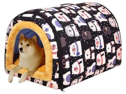 2 in 1 Foldable Dog Cave Bed With Anti-Anxiety Removable Cushion - Soft Warm Cat Igloo Tent House for Puppy, Cats, Rabbit (M:60x43x40cm, D Color)
