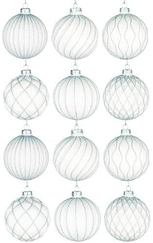 12Pcs/80mm Glass Baubles Christmas Tree Balls Spheres Hanging Ornaments Set Assorted Designs Xmas Tree Decorations, White Striped