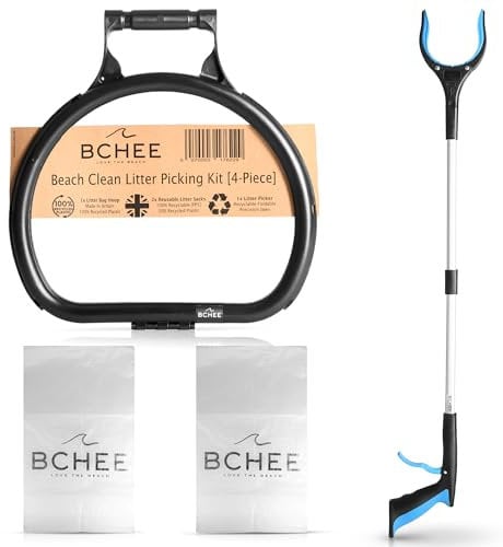 4 Piece Litter Picking Beach Clean Kit | UK Business | 1x Litter Bag Holder 100% Recycled Plastic Made In Britain | 1x Foldable Litter Picker | 2x Reusable Recyclable Litter Bags | Multi-buy Discounts