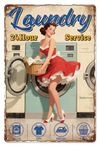 WADORN Pin Up Girl Wäscherei Vintage Metall Blechschild, 30x20cm Retro Kunstschild Mit Aufschrift 'Frauen' Lustiges Wäscheservice 24 Stunden Service Geschenke Plakette Für Restaurant Garage Kneipen