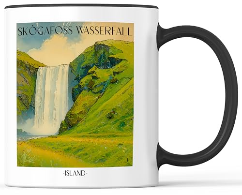 favplace Tasse mit Städtemotiv Skogafoss Waterfall Skógafoss Island Kaffeebecher - Geschenkidee bzw. Geschenk für Fernweh oder Heimat - Reise Kaffeetasse 330ml Schwarz