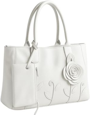 Large Faux Leather Tote Handbag with Rosette Appliqué & Detachable Purse – Vegan Leather Shoulder Bag for Women, Elegant Top Handle Work & Everyday Style