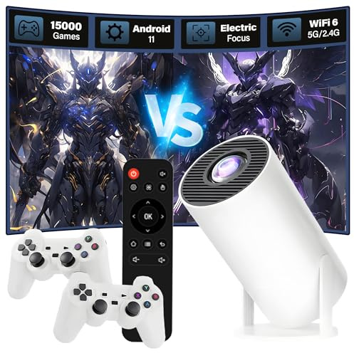 XIXIMENG M300 PRO Mini Proiettore Portatile con 2 controller,15000+ Giochi 14 Emulatori,Android 11 Proiettore Intelligente con WiFi e Bluetooth,Auto Keystone,180°Rotazione per TV/PC/HD (White Box)