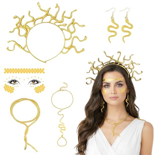 ZYLOUY 5-teiliges Set für Damen, Medusa Kostüm, Medusa Kopfschmuck Und Haarreif, Griechische Mythologie Deko, Fasching Karneval Accessoires