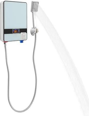 Genomströmningsvärmare 6 500 W, elektrisk varmvattenberedare med jordfelsbrytarskydd, kompakt underdiskberedare för dusch och kök, omedelbart varmvatten även vid lågt tryck för hushåll och bostad