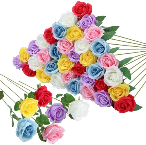 saerryor 36 Pcs Artificial Roses with Long Stems,Fake Silk Rose(Multicolor) | Artificial Flowers Bulk for Bridal Wedding Bouquet Centerpiece Ball Arrangement Party Decor