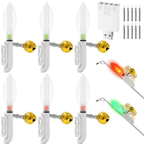 GBKDQQ 6 indicatori di abboccata per pesca, campanello di allarme, luci a LED, impermeabili, con fibbia, indicatore di abboccamento per canna da pesca (caricatore e batteria)