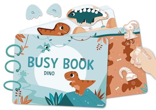 Janod – Busy Book Dino Thema – Französisch/Englisch – 18 Aktivitätsseiten für Babys und Kinder – Busy Board & Kindergarten Bildungsspielzeug – Lernen von Zahlen, Alphabet, Tiere... – Ab 3 Jahren
