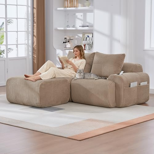 Jaxenor 2-Sitzer Cloud Sofa mit Hockern, Boneless Couch mit 2 Kissen, Modulares Cordsofa für Wohnzimmer, Schlafzimmer, Schaumstoff Sofa mit Getränkehalter und Seitlicher Aufbewahrungstasche, Khaki