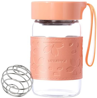 HENGFEI Bottiglia shaker in vetro da 350 ml, per miscele di proteine, piccola bottiglia shaker con custodia in pelle floreale, manico in silicone, filtro e sfera shaker (tangerine, 350 ml)