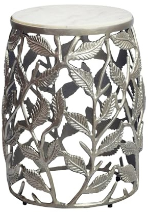 FineBuy Beistelltisch 40cm Silber mit weißer Marmor Tischplatte - Couchtisch klein rund - Sofatisch Alu modern - Wohnzimmertisch Aluminium - Design Tisch Metallgestell Handmade