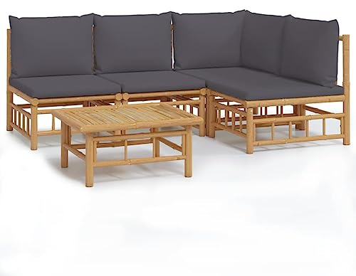 pokgdf Lot de 5 canapés de jardin modulaires en bambou avec coussins gris foncé, salon d'extérieur en bambou, salon de jardin avec coussin rembourré, durable pour terrasse