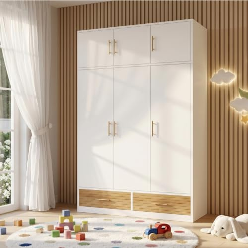 Letenbin Armoire 3 Portes avec Penderie et 2 Tiroirs, Armoire Dressing 120 x 50 x 180 cm avec Étagères de Rangement, Armoire Penderie Chambre, pour Appartement et Chambre, Blanc, Blanc