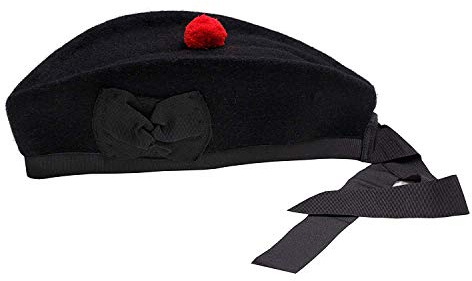 Glengarry Mütze Uni schwarz - 100% reine Wolle klassisches schottisches Design Größen 50–64 cm (51), Schwarz