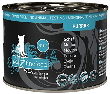 catz finefood Purrrr Schaf Monoprotein Katzenfutter nass N° 113, für ernährungssensible Katzen, 70% Fleischanteil, 6 x 200 g Dose