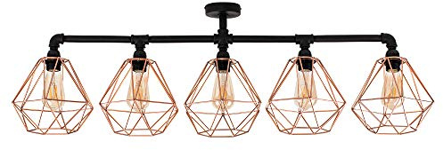 MiniSun | Industrial Style 5 Way Satin Black Pipework Bar Ceiling Light with Copper Basket Cage Shades | Pendant Lights, Home Décor Essential | Includes Bulb [2700K Warm White] | Mains Wired