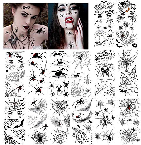 HOWAF Halloween Araignée Tatouages Temporaires pour Visage (14 Feuilles), Araignée Noir Tatouages éphémères Autocollant pour Homme Femme Enfants Halloween Maquillage Décoration