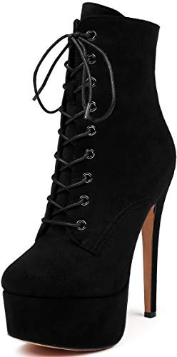 Soireelady Damen Ankle Boots, Women Platform Fashion Stiefel, Schnürstiefeletten mit Stöckelabsatz Wildleder Schwarz EU46
