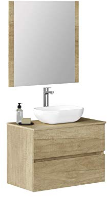 Baikal Mueble de Baño Onyx. Mueble MONTADO, Mueble 2 cajones. Mueble Baño con Lavabo. Mueble Suspendido. Armario de Pared. Lavabo Cerámico. Incluye Espejo. 80cm Nature.