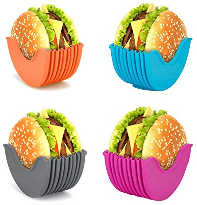 ABenxxou einziehbarer Burger-Halter, Wiederverwendbare Burger-Box aus Silikon,Sandwich-Halter, geeignet für Burger-Liebhaber, Erwachsene und Kinder,4 Stück Vier Farben