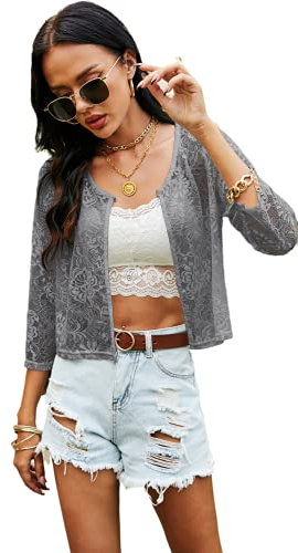 Ietaoo Bolero de encaje para mujer, de verano, manga 3/4, cárdigan corto, gris, XXL